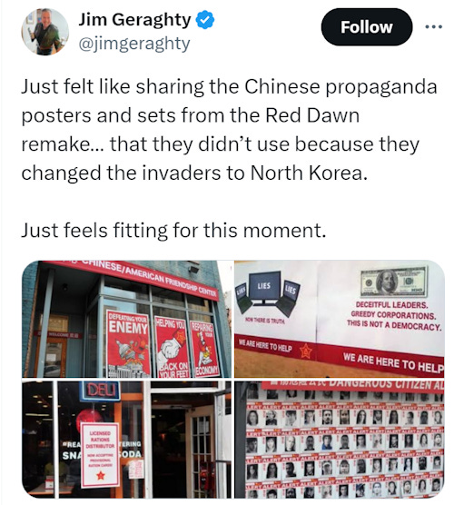 A screen grab from a twitter user named Jim Geraghty sharing set photos from 2012's Red Dawn remake, depicting China as the invading enemy