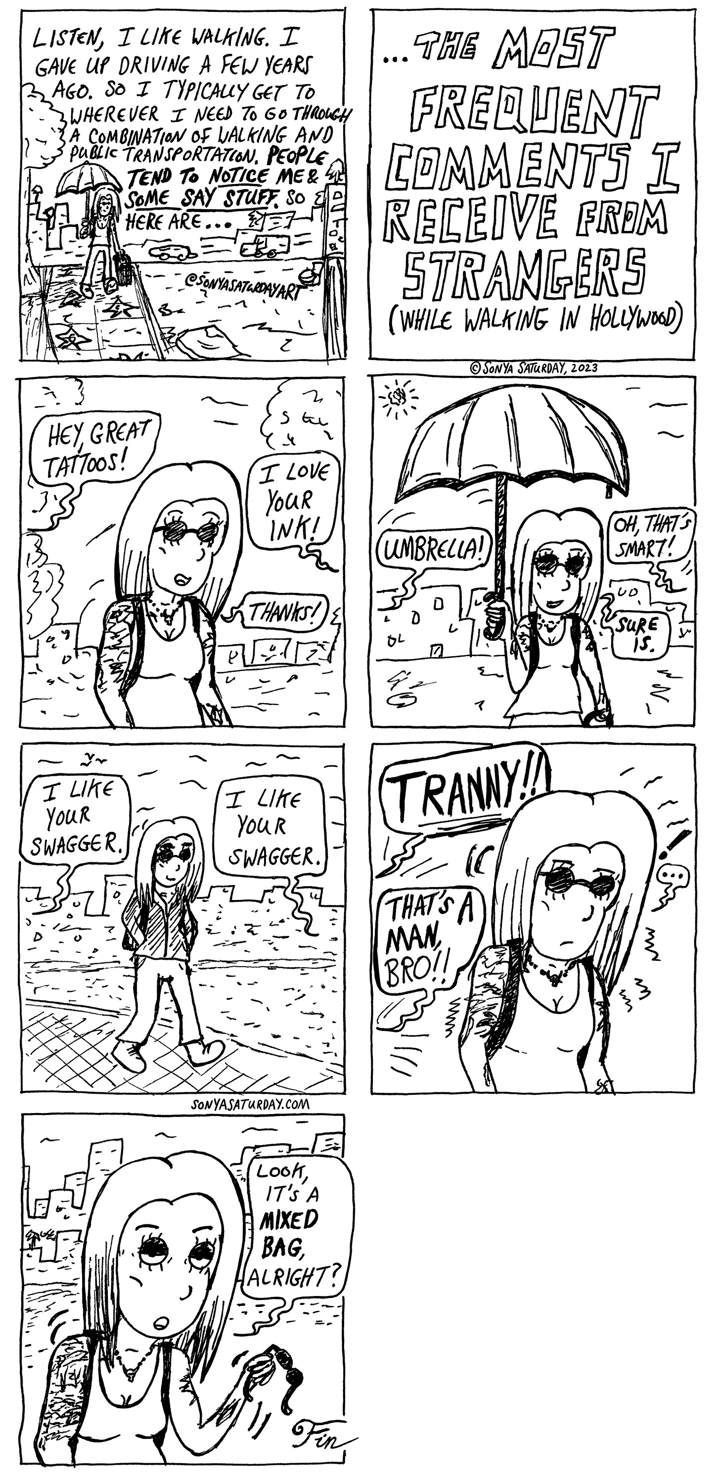 Comic strip about people shouting remarks at Sonya Saturday while she walks through Hollywood