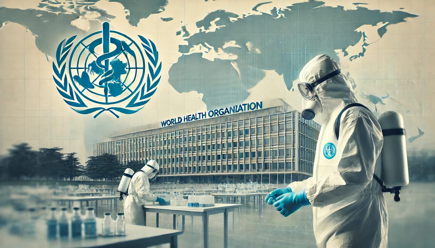 An image of the World Health Organization building in Geneva with its blue logo prominently displayed, symbolizing international health governance. In the background, a high-security research facility with scientists in full protective suits working in a Biosafety Level 4 (BSL4) laboratory setting. Above, a faint overlay of a world map represents the global scope of health initiatives. The scene uses neutral tones, emphasizing professionalism, scientific rigor, and transparency.