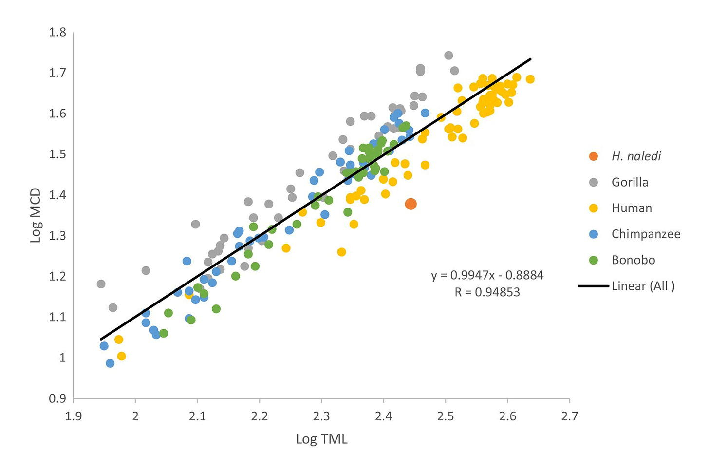 A scatterplot showing that medial condyle diameter of the tibia is related to tibia maximum length, with humans showing longer tibia length. A scatterplot showing that medial condyle diameter of the tibia is related to tibia maximum length, with humans showing longer tibia length.
