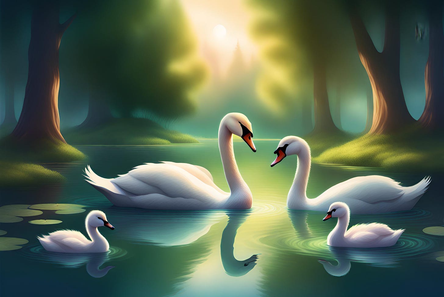 Illustration of a family of swans on a calm pond