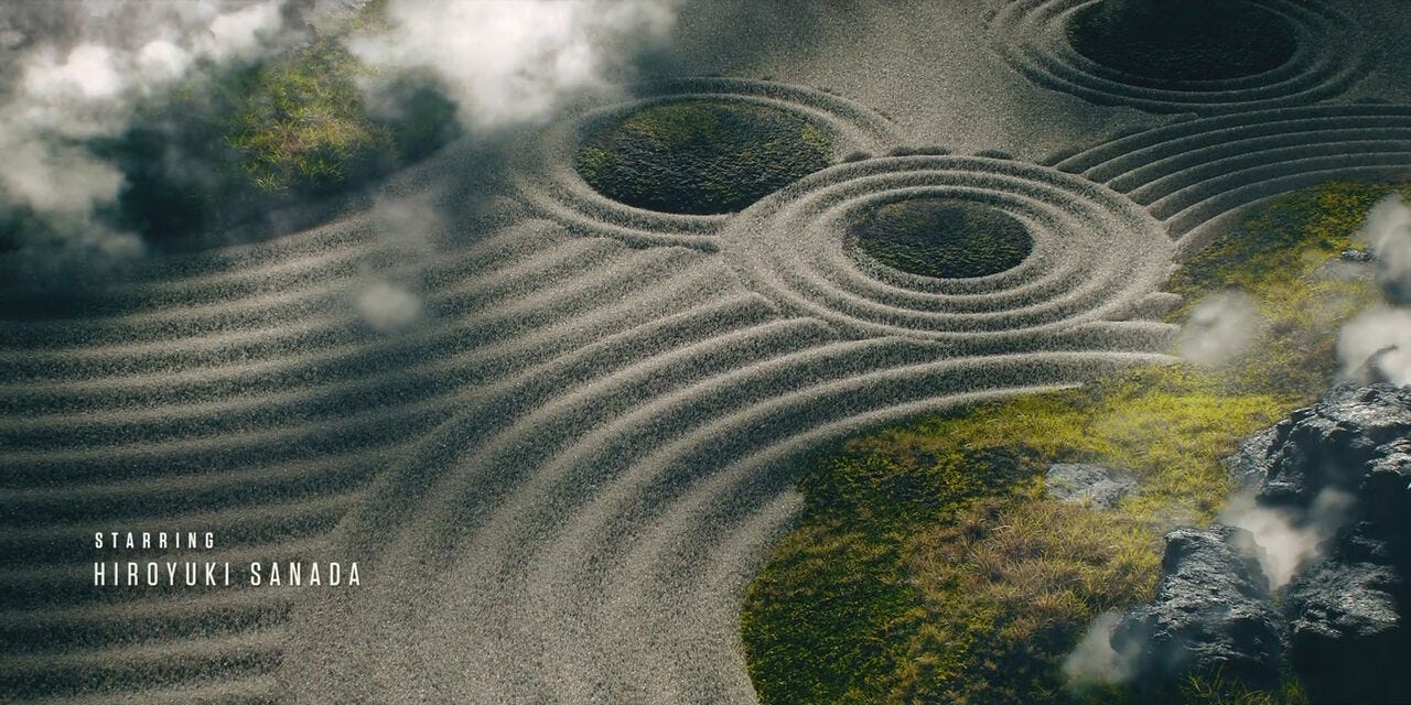 Abertura de Shogun, com jardins secos em detalhes.