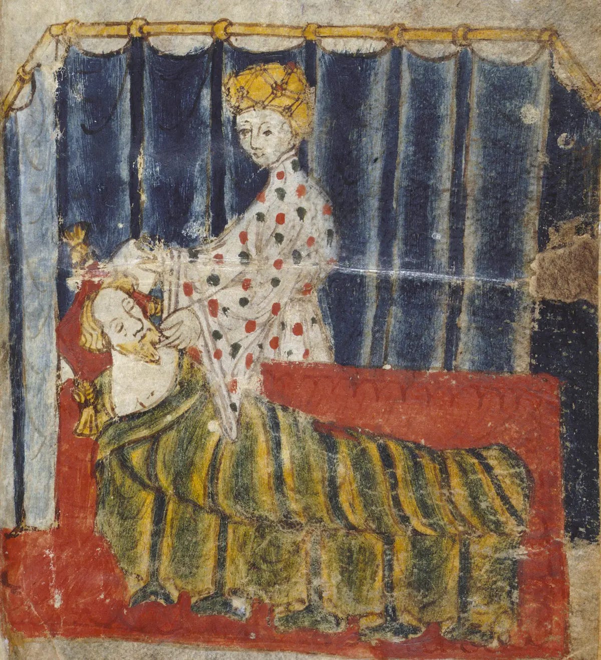 Lady Bertilk at Sir Gawain's bed, from the original manuscript, author unknown. (Public Domain)