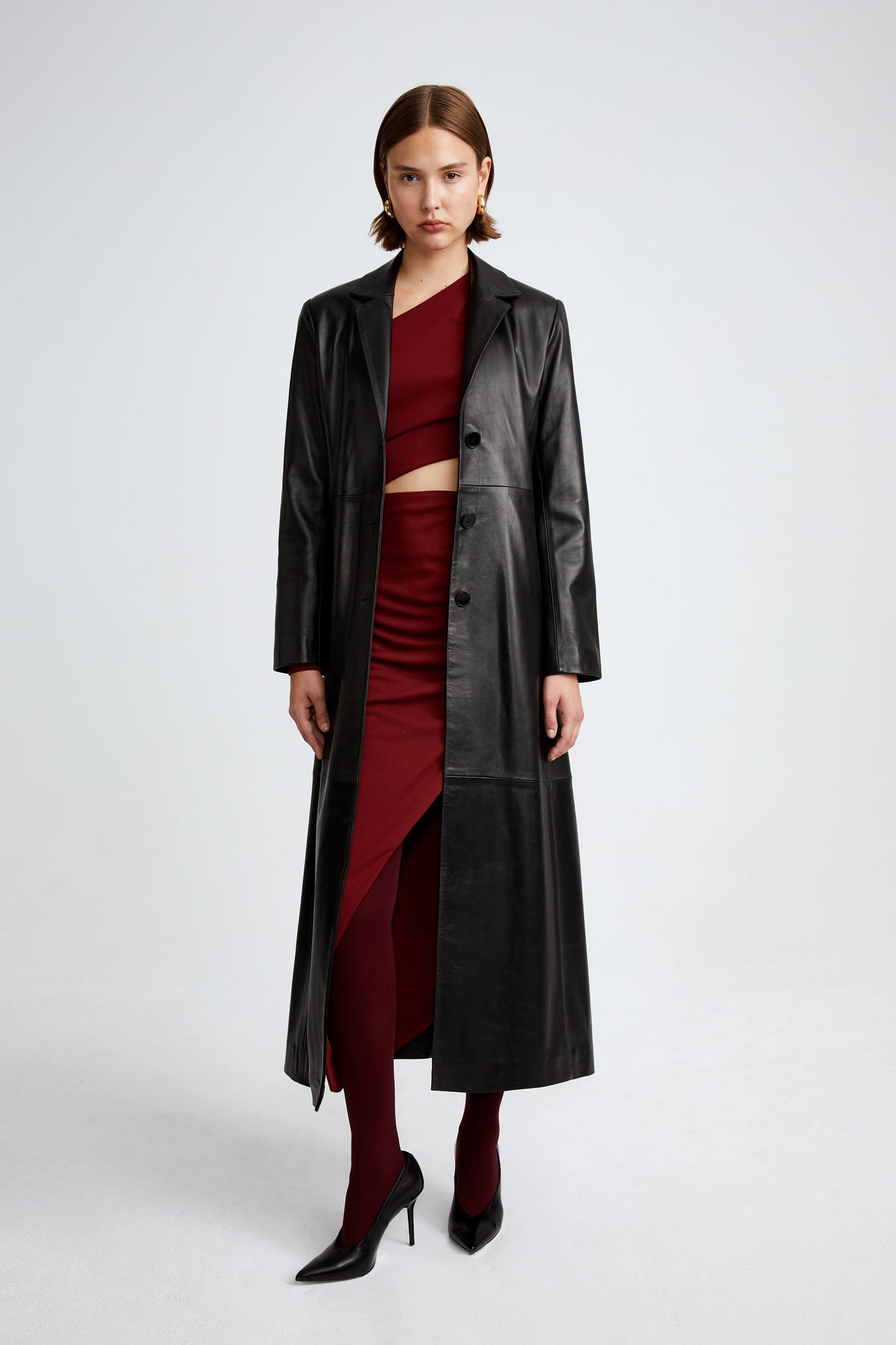 The Astrid black long leather coat front