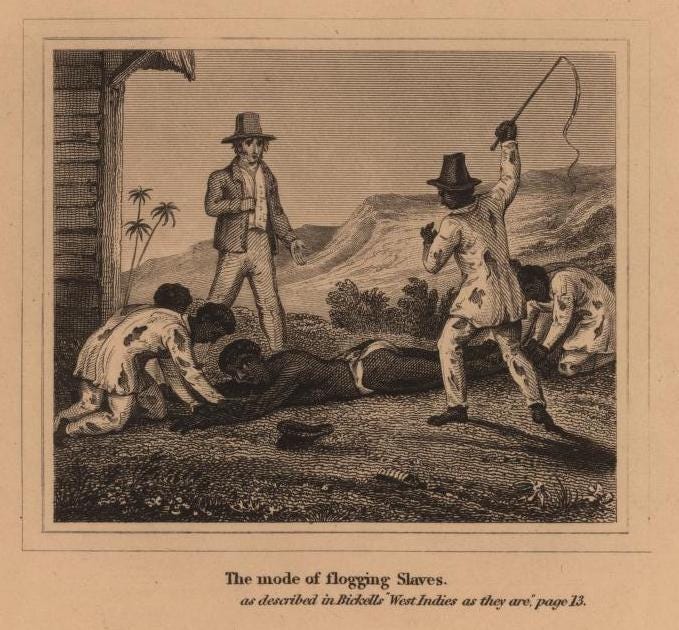 Black man slave is laid upon the ground with two other slaves holding his hands and feet. A third slave uses a whip to flog while a European gentleman watches. Includes dwelling and patched clothes.