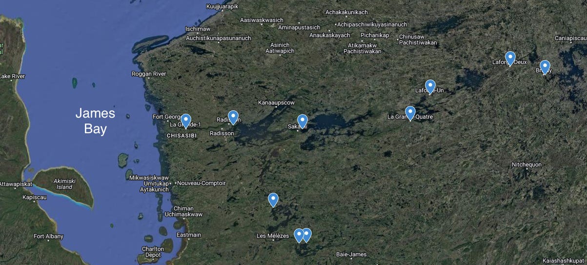 Map of the locations of electricity generating facilities in Quebec