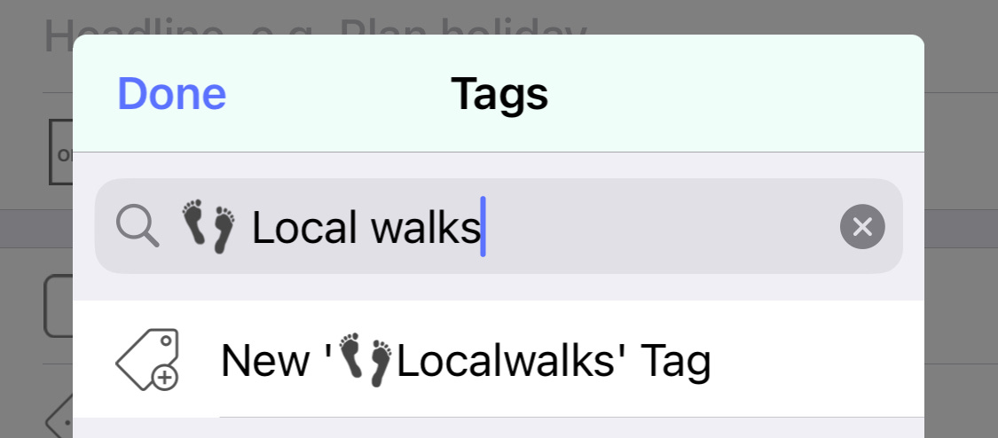 Screenshot of beorg tags UI showing an emoji