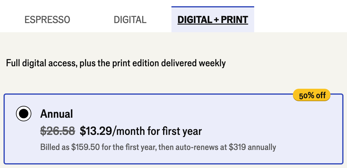 Digital + Print subscription offer for The Economist