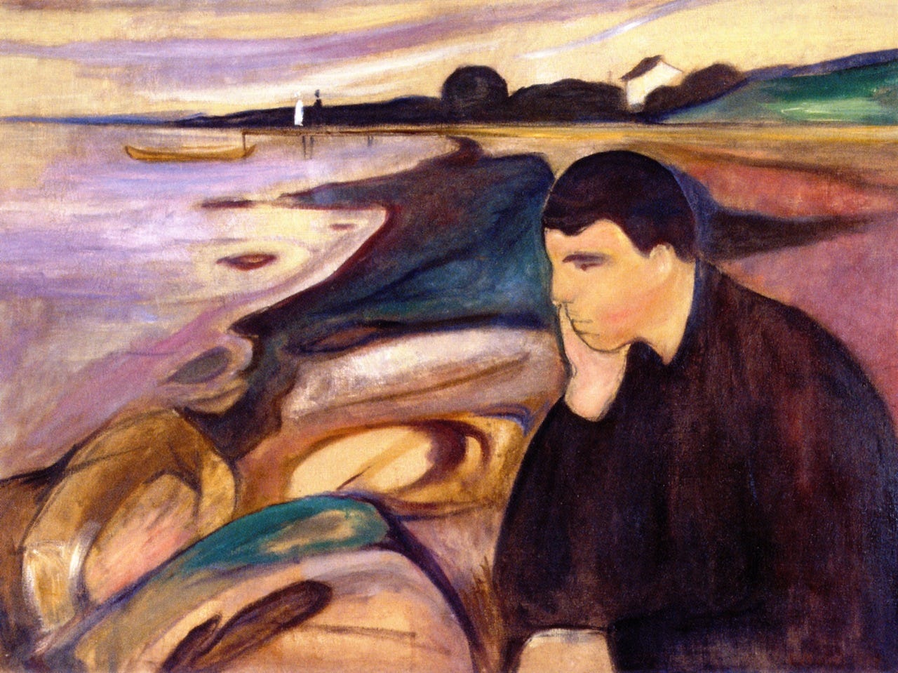 Edvard Munch's painting of melancholy man on the beach, head in hand.