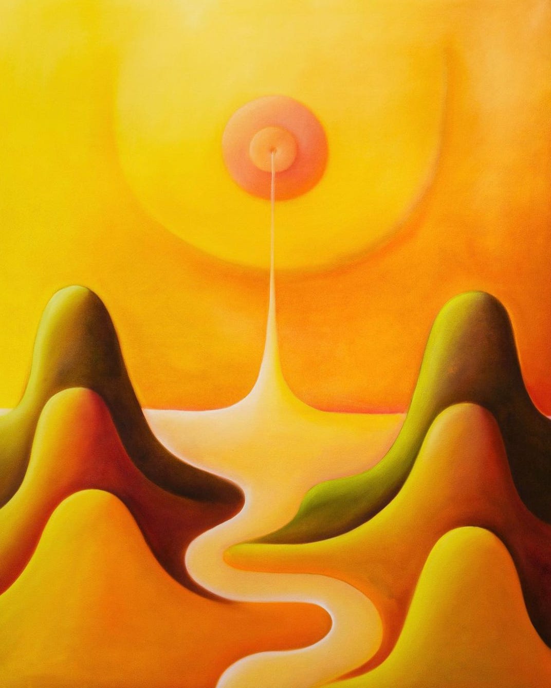 Yellow painting of breastmilk pouring into a river valley.