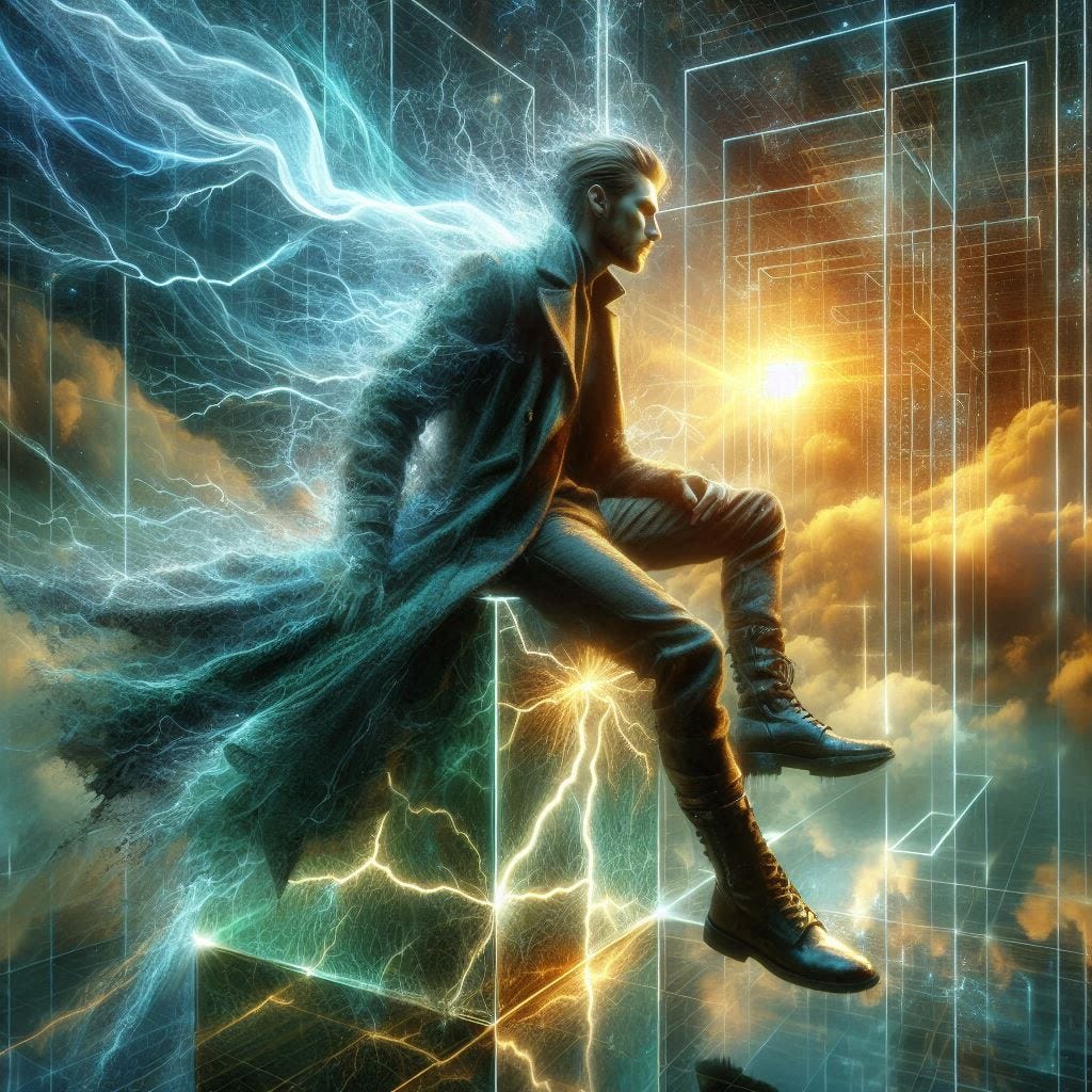 resin dendric lightning inside glass structure; tiltshift /Broken into fragments/ pieces/ 5d angled glass embedded /beautiful, heroic, strong handsom man/ velvet bluegreen long coat/ black leather boots. water in resin/ ; he is at Monks mound at Cahokia / amber cream,tsunami full of fire/ reverberating waves. black hole in floor/ water in resin verdigris/ In the style of Michael Parkes. black etching/ black linework/ black sky 