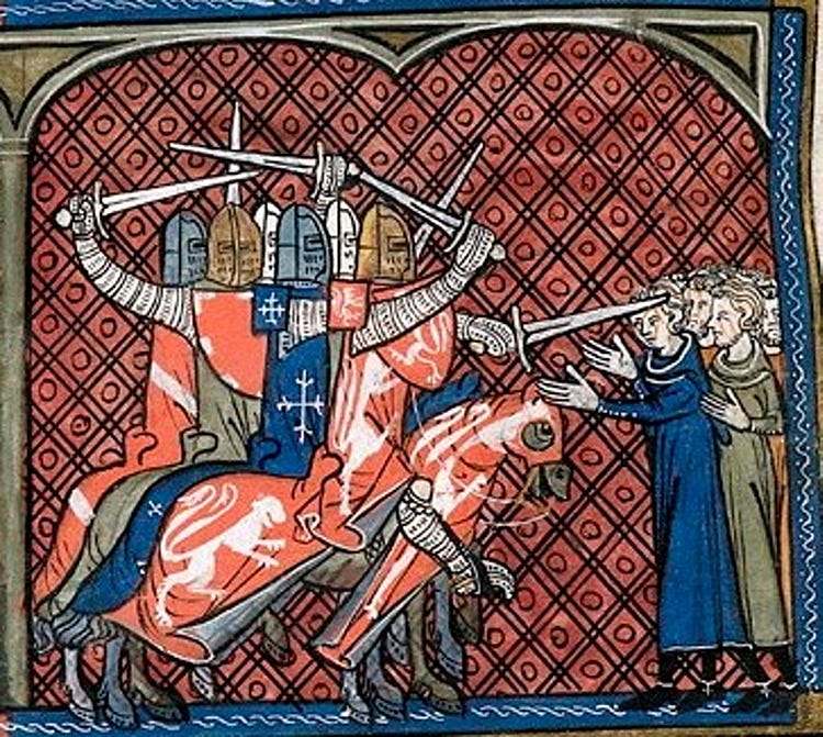 The Albigensian massacre, illumination in the 14th century Chronicle of Saint-Denis. In the British Library, London.