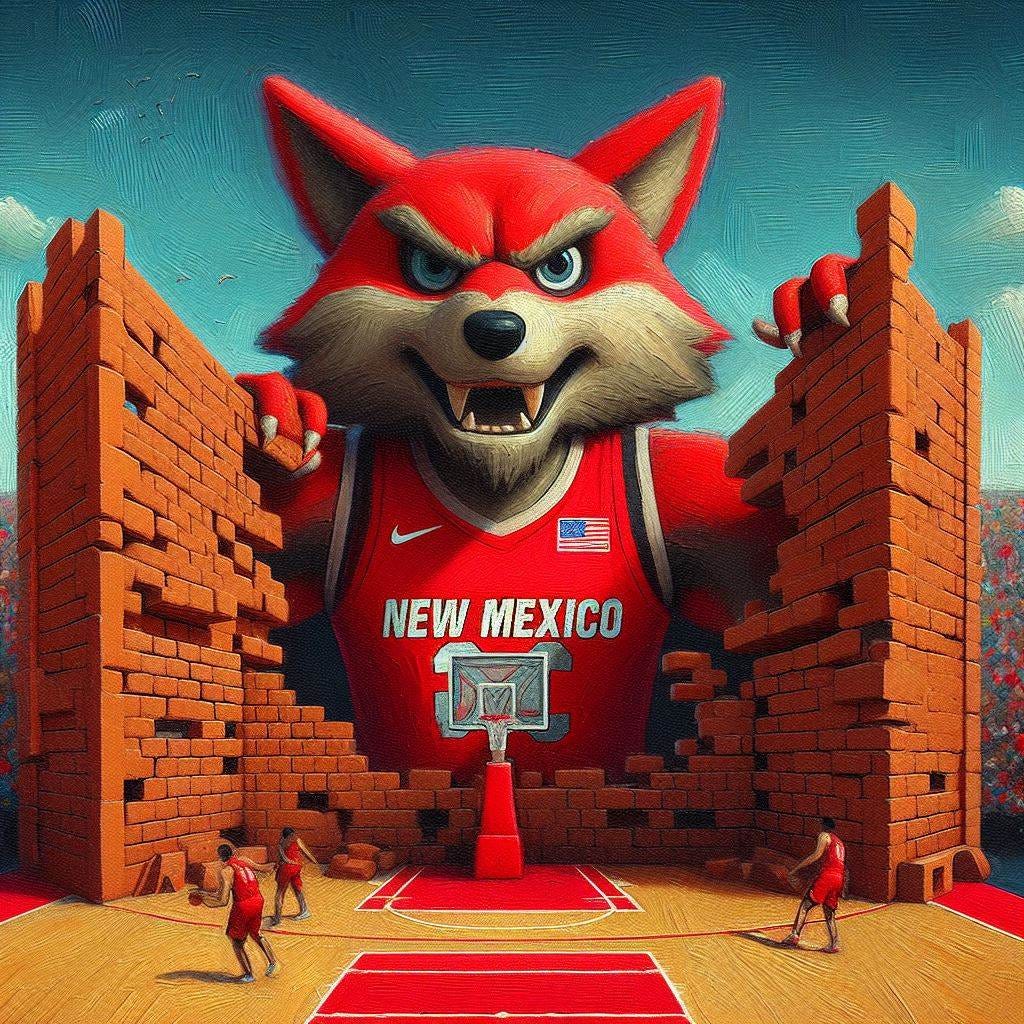 The New Mexico Lobos mascot creating a brick wall fortress around a basketball goal, impressionism