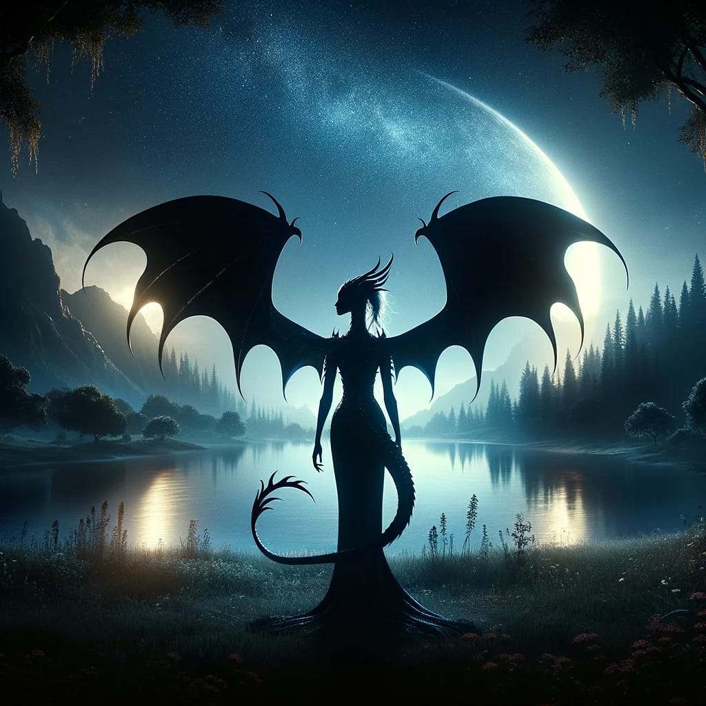 In a high fantasy art style, depict a silhouette of Tisiphone in a moonlit clearing of the ancient Elvenwood forest in the Mirrormere universe. She stands alone, gazing at the stars, her majestic dragon-like wings spread wide in a display of her guardianship. The silhouette should capture her mystical and elegant essence, with a beautiful and mysterious aura. The scene is illuminated by the moonlight, casting her shadow against the backdrop of the enchanted forest and shimmering lakes, creating an otherworldly and serene atmosphere.