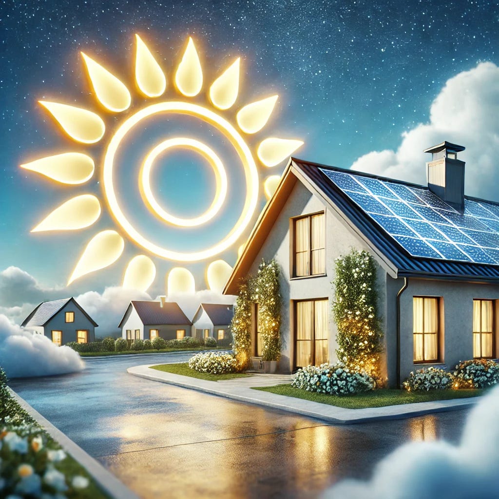 A visually appealing image designed for a blog post about solar energy. The image features a modern, suburban home with solar panels installed on the roof, bathed in bright, natural sunlight. In the foreground, there is a glowing sun symbol that represents renewable energy. The background shows a clear blue sky with soft, white clouds. The overall mood is positive and optimistic, emphasizing sustainability and energy independence. The image should have a clean, professional look, ideal for an informative blog post.