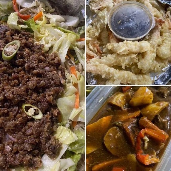 Food from Hotdish (Pancit Sisig, Shrimp Tempura, and Beef Caldereta)