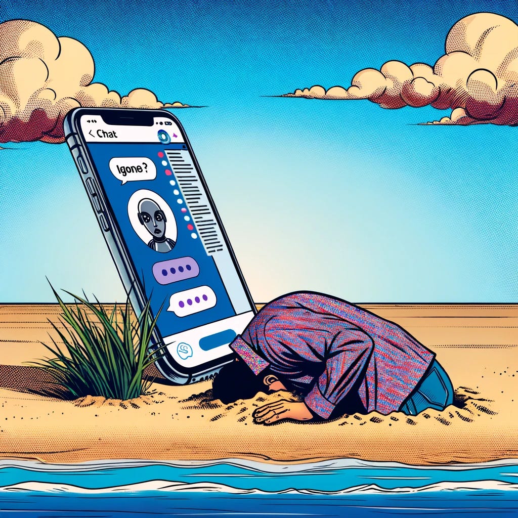 Create a comic book-style illustration featuring an iPhone screen displaying a chat interface with a chatbot. Next to the phone, depict an individual with their head buried in the sand, symbolizing ignorance or avoidance. The setting is outdoors, with clear blue skies and a few clouds. The person is wearing casual clothes, and the sand around their head is disturbed, indicating they've deliberately put their head there. The iPhone is placed on the ground, close enough to suggest the person was using it before choosing to ignore the conversation. The style should capture the vibrant colors and dynamic linework typical of comic books.