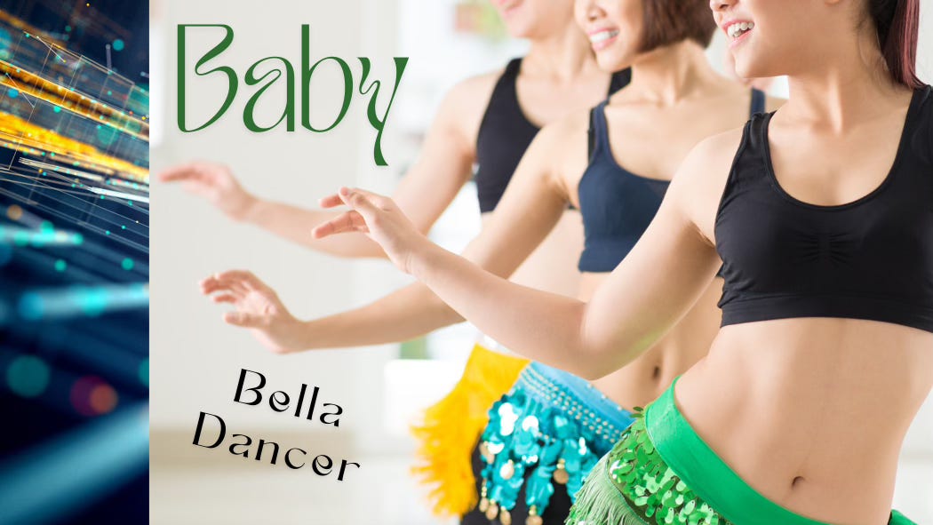 A trio of young women pose in sports bras and coin belts: green, turquoise and yellow. Baby Bella Dancer.