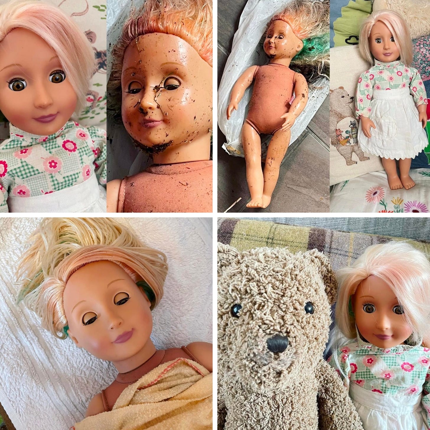 A doll covered in construction plaster and leaves with tangled hair. Then lying in a towel with brushed hair. Then clean and dressed in nice clothes sitting next to a teddy bear.