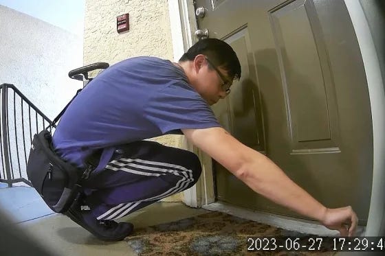 Xuming Li, 36, is seen injecting a liquid under a neighboring family’s door in Tampa Bay, Fla.WFLA