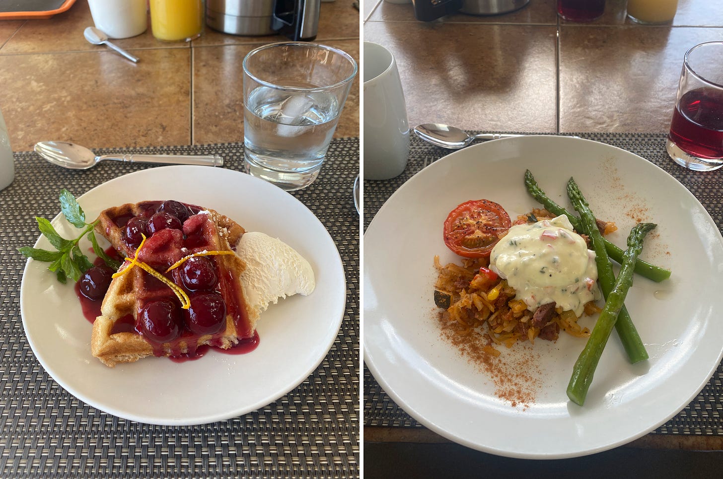 Left image: a white plate of two small waffles covered in cherry compote and garnished with a scoop of cream, orange zest, and a sprig of mint. Right image. A larger plate with a poached egg in creamy chive sauce over seasoned hash. Three pieces of asparagus and a slow-roasted tomato half are arranged on either side.