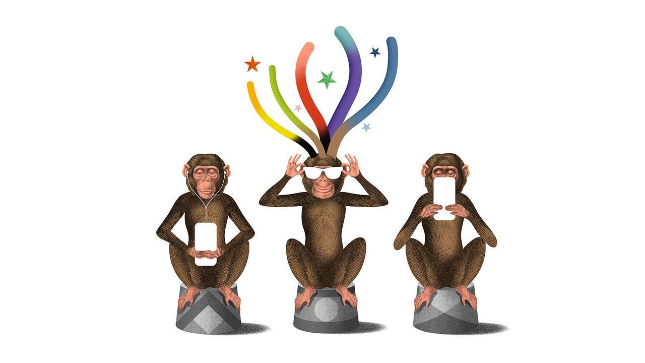 An illustration showing three monkeys. One is holding a smartphone with earphones in its ears, another is holding a smartphone to its mouth. The third is putting white glasses on and has rainbows streaming above its head.  