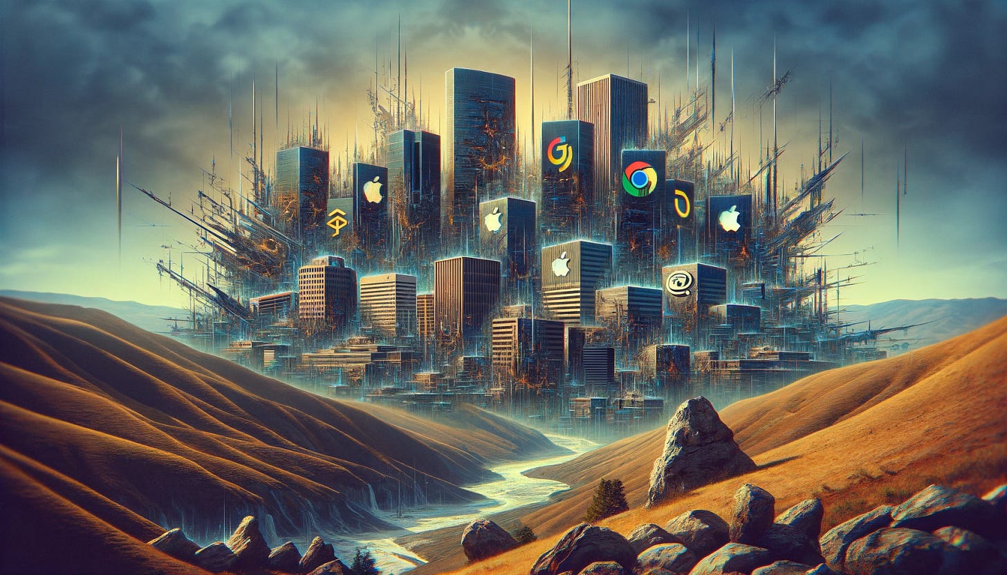 A surreal image showing a symbolic 'fall' of Silicon Valley, with digital cracks and glitches appearing across the landscape and buildings. The scene is reminiscent of a digital breakdown, with elements of the virtual world merging with reality. Iconic tech company logos are visible but distorted, signifying a technological upheaval. The overall atmosphere is one of a digital apocalypse, where the once-stable tech industry is now experiencing a dramatic and unexpected shift.
