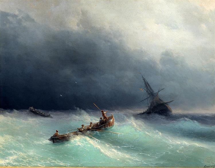 A rowing boat on a stormy sea rowing out to a ship in trouble against a background of thick black cloud - painted in oils