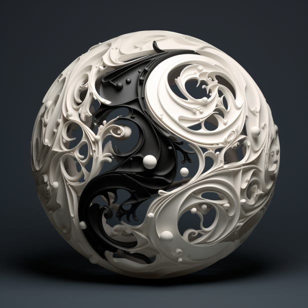 A yin and yang sphere that possesses a very organic, complex quality.