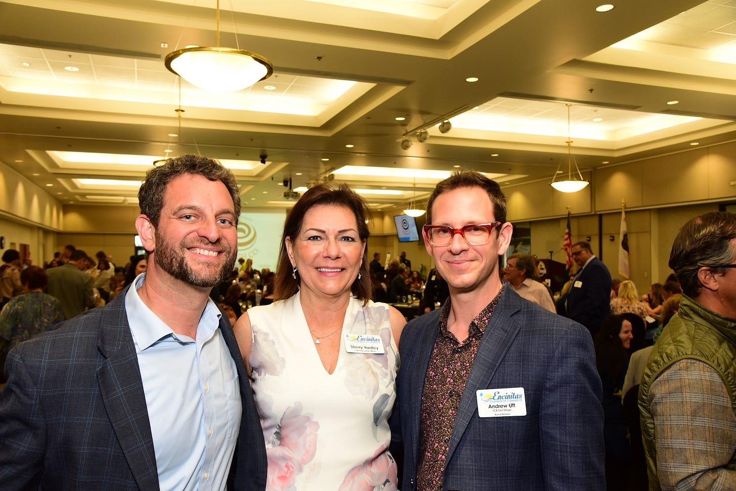 From left are Ari Novy, president and CEO of the San Diego Botanic Garden, Sherry Yardley, CEO of the Encinitas Chamber of Commerce, and Andrew Utt, executive director at ICA San Diego and ICA North in Encinitas at the 2023 Encinitas State of the City. Courtesy image