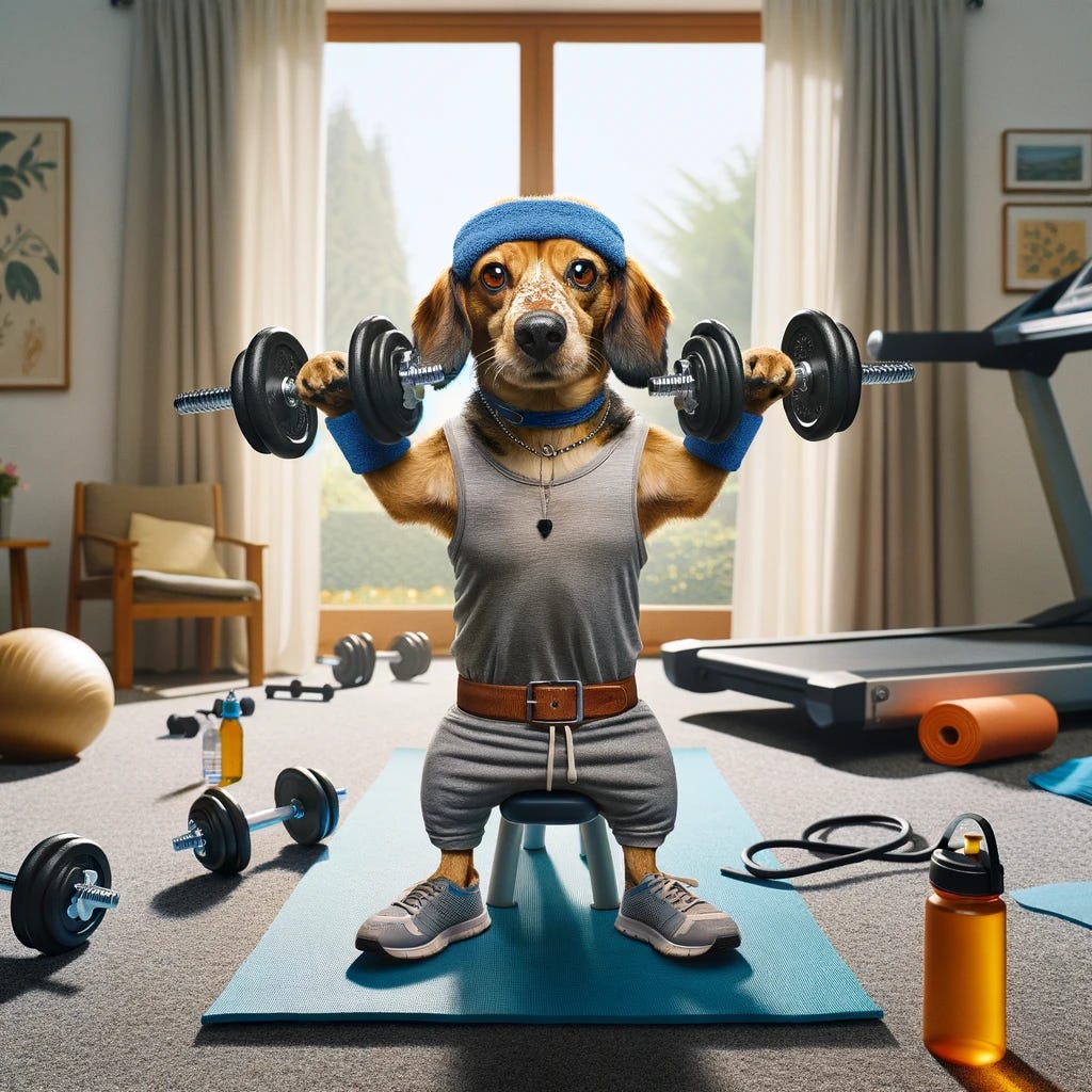 A creative and amusing image of a dog engaging in a workout session. This dog, equipped with a sweatband and gym attire, is lifting dumbbells with its front paws. The setting is a home gym environment, with workout equipment like a treadmill, yoga mat, and water bottle in the background. The dog looks focused and motivated, embodying the spirit of fitness and determination. The scene captures a playful twist on the concept of staying fit, blending the humorous aspect of a pet taking on human-like fitness routines.