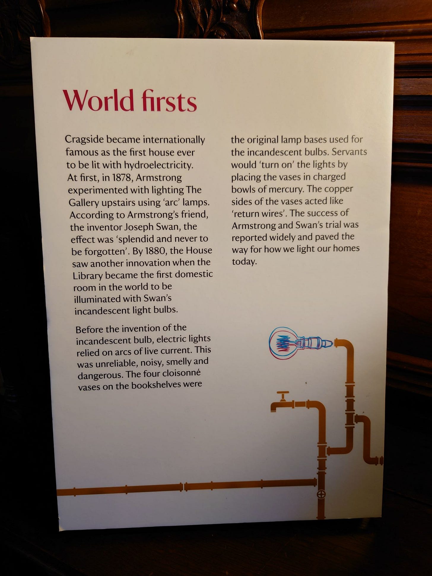 Photo of Cragside plaque about world-first hydroelectric lighting