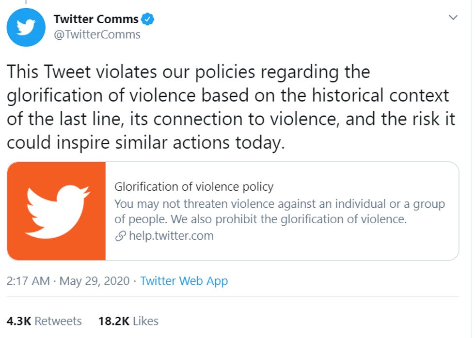 This Tweet violates our policies regarding the glorification of violence based on the historical context of the last line, its connection to violence, and the risk it could inspire similar actions today. 