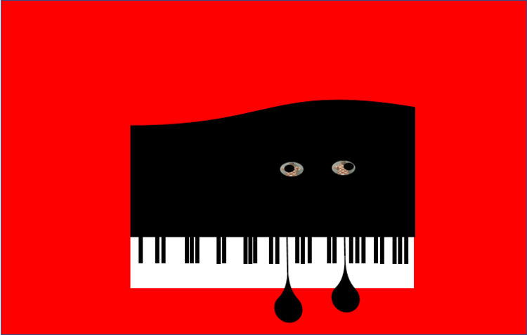 a black piano sits against a bright red background. the piano has two eyes and in the eyes is the image of a child. two black teardrops fall from the keys of the piano.