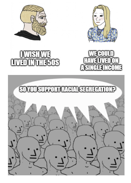 Meme with NPCs accusing Chad and trad girl of being racist for missing the 50s
