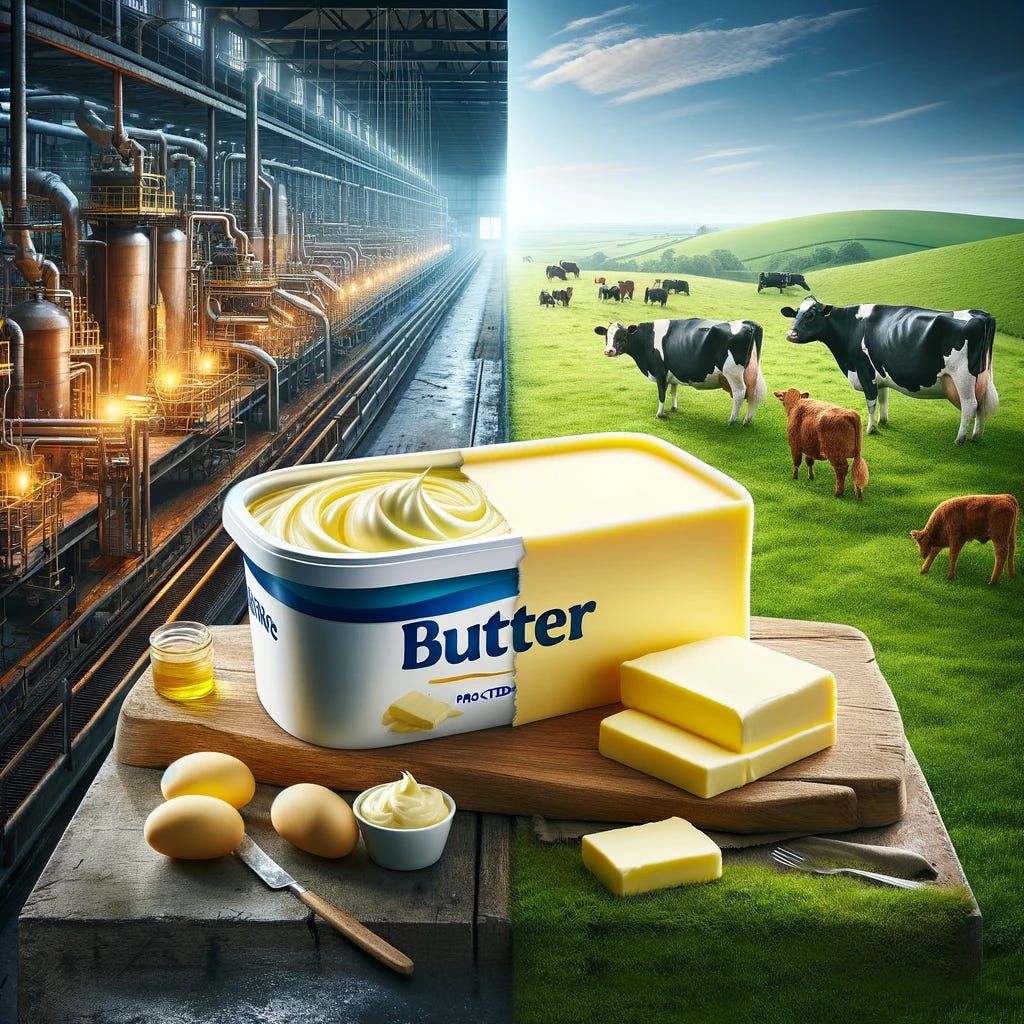 A visually striking comparison of butter and margarine. On the left side, a processed margarine tub sits in an industrial factory setting, emphasizing its artificial origins. On the right side, a rich, golden slab of natural butter rests on a rustic wooden board, surrounded by rolling green pastures and cows. The image highlights the contrast between highly processed margarine and natural, nutrient-rich butter with no text included.