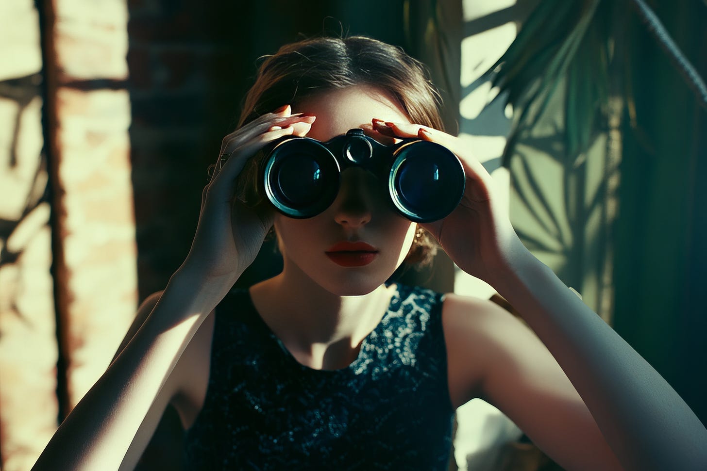 Young woman looking through binoculars.