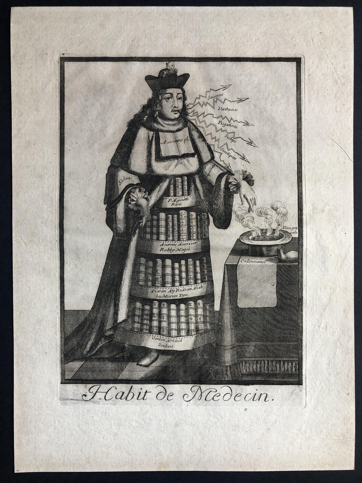 A black and white engraving of a man in long robes, which revealed show him to be made of books. Speech arrows emit from his mouth.