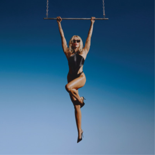 The cover image from Endless Summer Vacation, shows Miley hanging from a trapeze in a one-piece swimsuit and black heels, her left leg pulled up to the height of her right knee. The background is a gradient of blue sky colours.