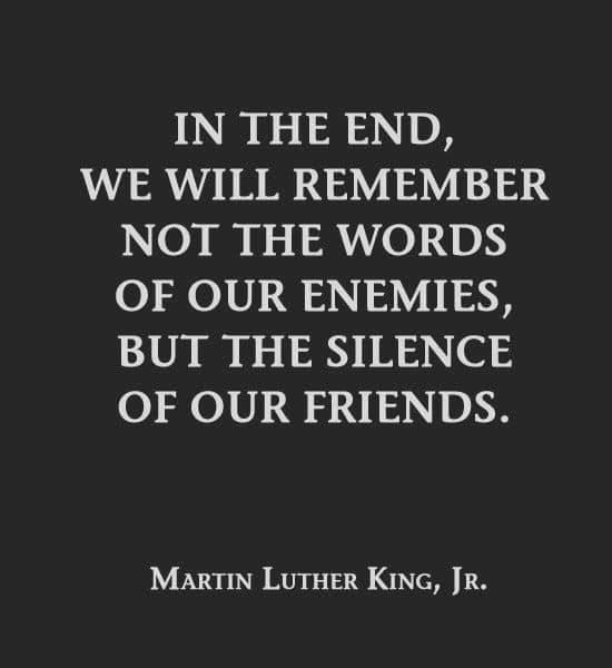 In the end, we will remember not the words of our enemies, but the silence of our friends. - Dr. Martin Luther King, Jr.