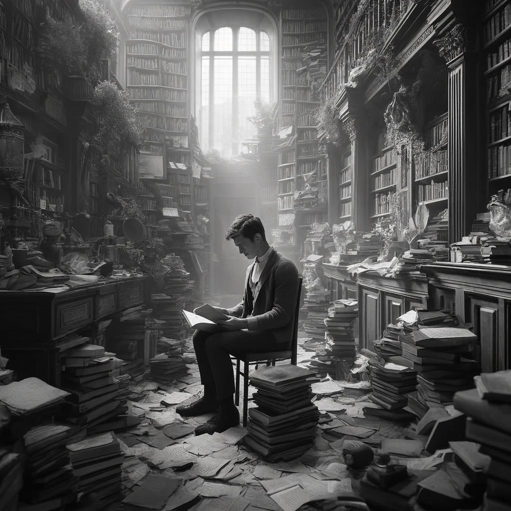 A black and white image of a young man reading in a chaotic, 1800s style library. The library is cluttered and disorderly, filled with towering stacks of aged books and scattered papers. The man is surrounded by an overwhelming amount of books and manuscripts, enhancing the feeling of chaos. The library features classic 1800s architecture with ornate wood shelving and vintage furnishings. Soft, diffused light filters through high windows, casting shadows and highlighting the dusty atmosphere. The man, in his mid-20s, is engrossed in his reading, oblivious to the disarray around him.