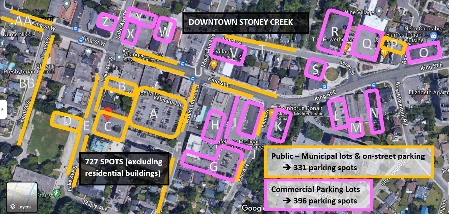 Map created by Ward 12 Councillor Craig Cassar to outline all of the parking lot in downtown Stoney Creek