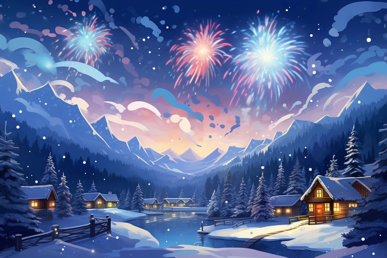 An illustration of a wintery mountain village with a lake and cabins and mountains and fireworks going off in the night sky.