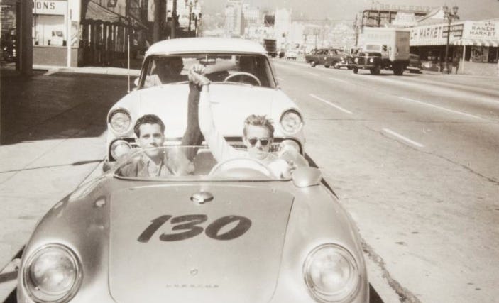 The Hollywood Ranch Market visible at top right behind James Dean in his Porsche.