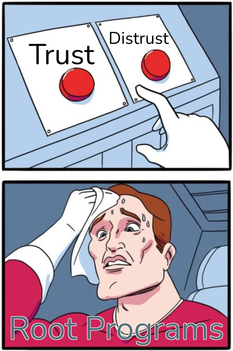 Two button meme, one button labeled Trust, the other labeled Distrust. A person sweating between making a decision between the two options.