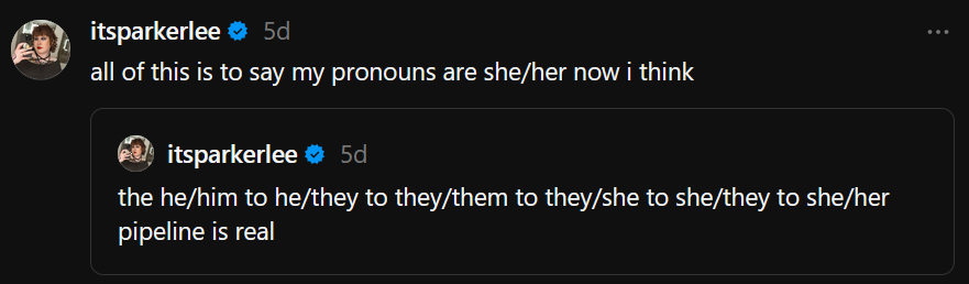 a screenshot of a threads post announcing parker's pronouns are now she/her