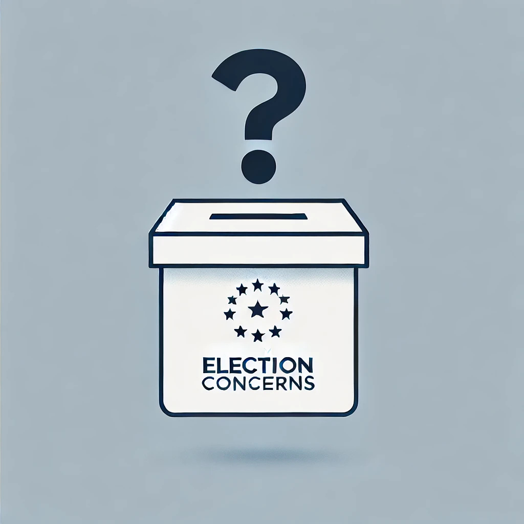 A minimalist graphic representing upcoming election concerns. The image features a ballot box with a question mark floating above it, symbolizing uncertainty and concerns around the election. The design is simple, clean, and with no text, focusing on the visual representation of election-related concerns.