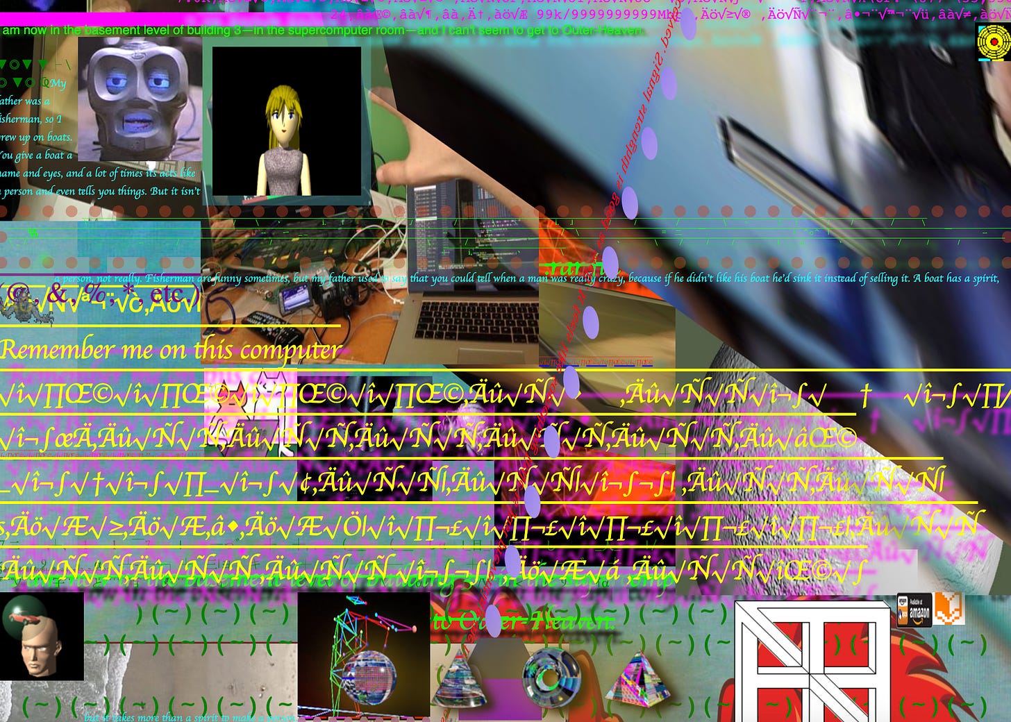 a chaotic webpage with a lot of overlapping elements, including random text, techy images, 3d models of people, and strange geometric shapes