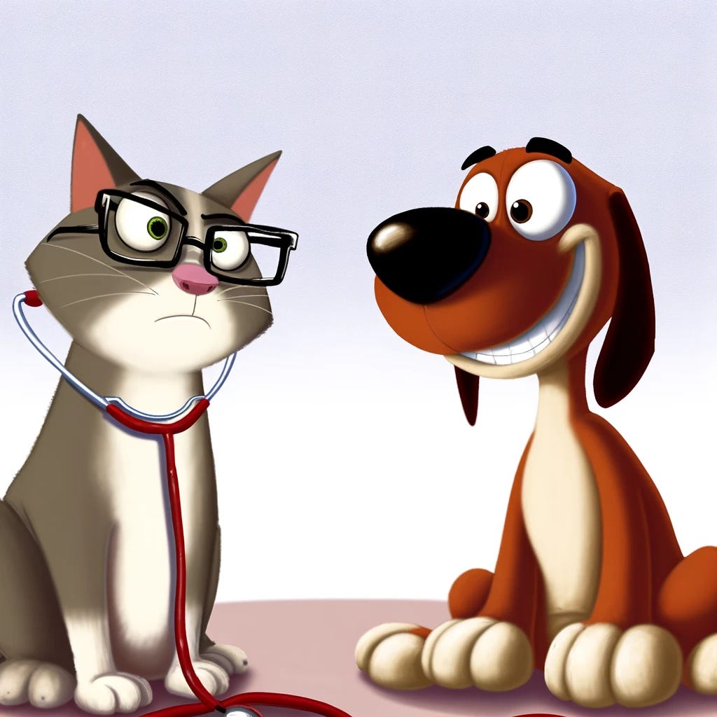 In this cartoon, a dog and a cat are sitting down facing each other, locked in an intense stare. The cat, exuding an air of intelligence, wears glasses perched on its nose and a stethoscope draped around its neck, suggesting its role as a medical professional or scientist. The dog, on the other hand, looks unmistakably happy and somewhat clueless, with a wide, innocent smile and eyes that radiate joy but not much depth. The characters are stylized in a vibrant, animated manner, emphasizing their contrasting personalities: the cat's serious, knowledgeable demeanor versus the dog's simple, cheerful outlook. The background is minimal, focusing the viewer's attention on the humorous and heartwarming interaction between the two animals.