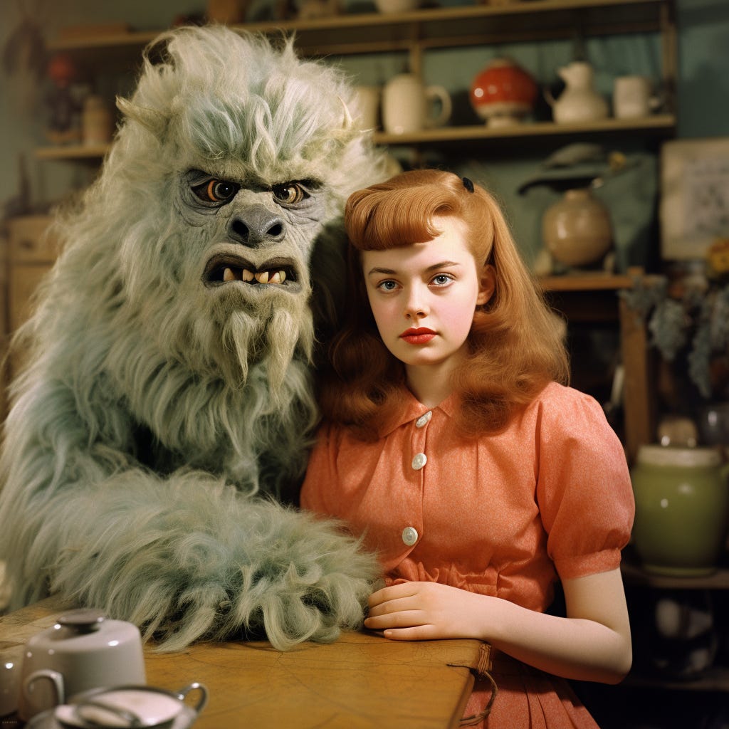 A teen girl sits beside her beloved pet monster, who has grey fur and large, wonky teeth